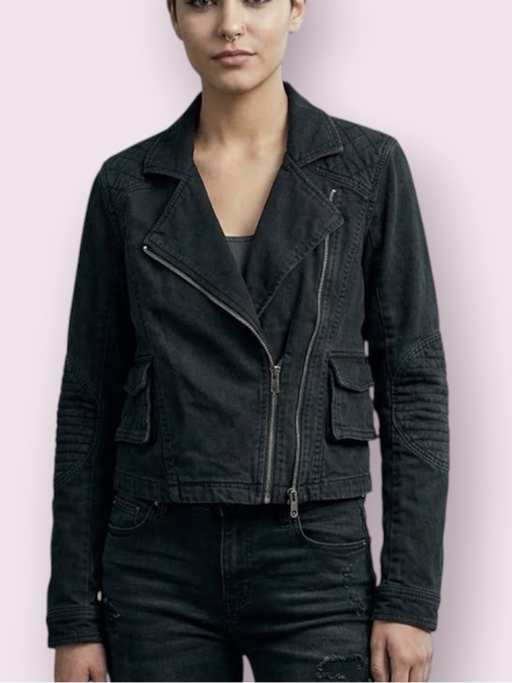 Michael Stars Denim Moto Jean Jacket Black Size Small 100% Cotton